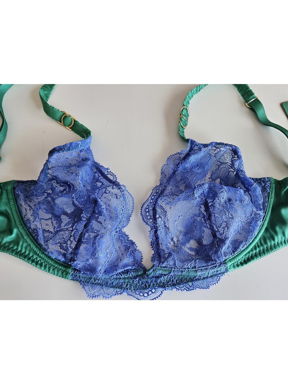 Lace Balconette Bra Womens 36C Green Blue Sheer Mesh Unlined Underwire Stretch